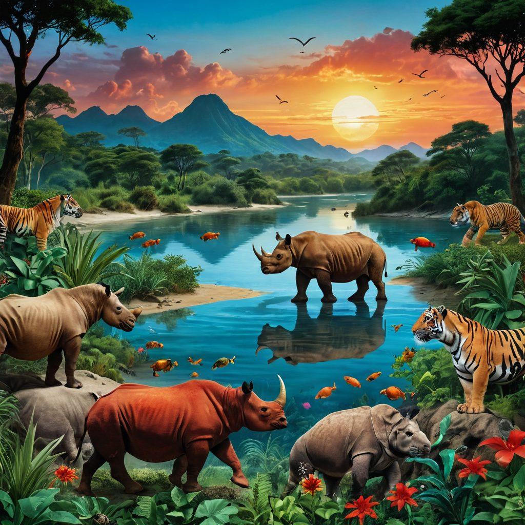 A majestic landscape featuring endangered species like rhinoceros, tigers, and sea turtles set against a backdrop of diverse ecosystems, illustrating the importance of conservation efforts. Incorporate the IUCN Red List logo subtly in the corner, symbolizing its impact on wildlife strategy. The scene should be vibrant and filled with life, showcasing a harmonious relationship between nature and human intervention. super-realistic. vibrant colors. environmental focus.