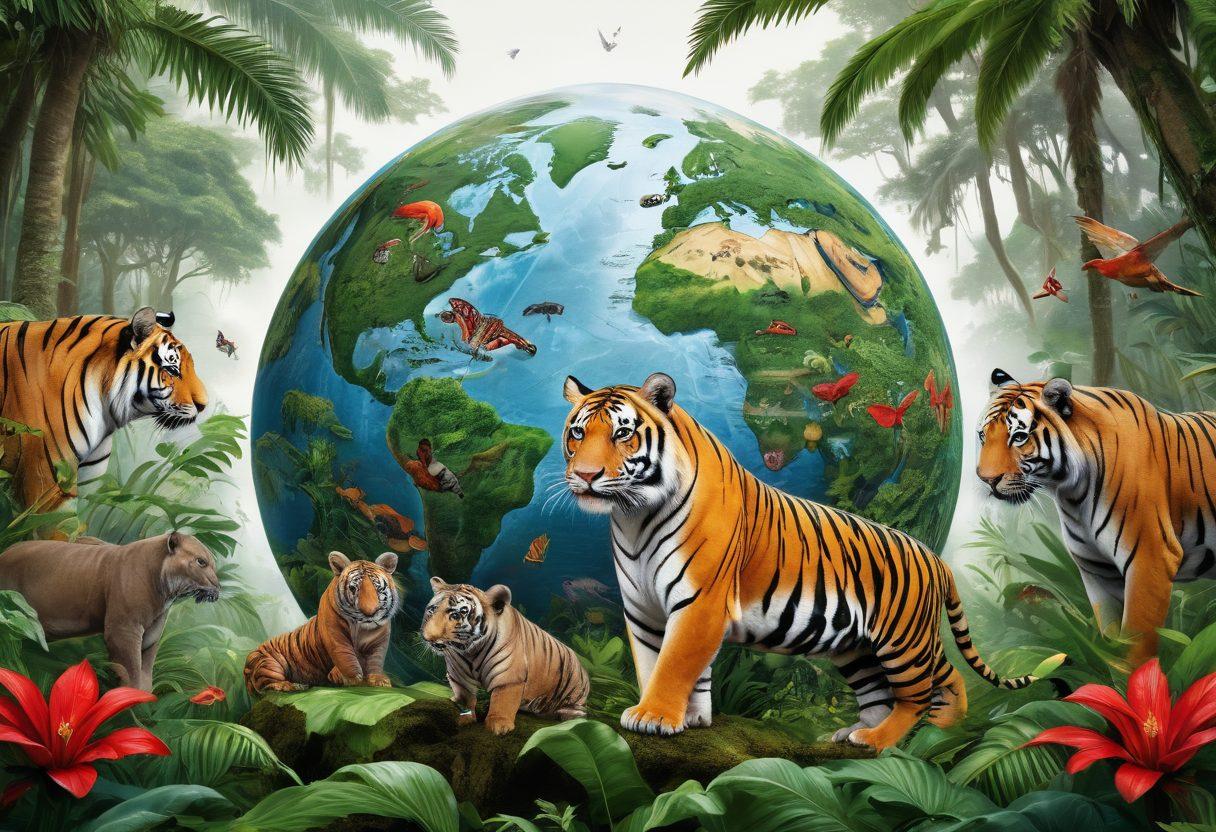 A vivid depiction of the IUCN Red List showcasing various endangered species, including tigers, elephants, and frogs, in a lush, vibrant jungle environment. Incorporate a globe in the background symbolizing biodiversity conservation efforts across the planet. Add informative icons to represent conservation status levels. super-realistic. vibrant colors. white background.