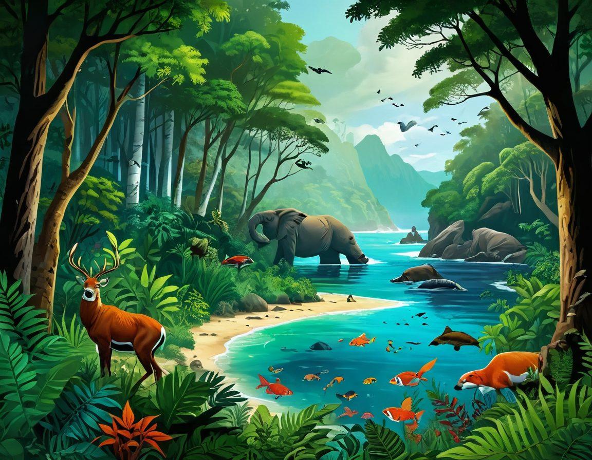 A vivid scene depicting a diverse array of endangered species in their natural habitats, with a central figure of a researcher studying them. The background features lush forests and oceans, symbolizing biodiversity. Prominently display the IUCN logo in the corner to emphasize its role in conservation. The overall mood is hopeful, showcasing the beauty of wildlife and the importance of protection. vibrant colors. super-realistic.